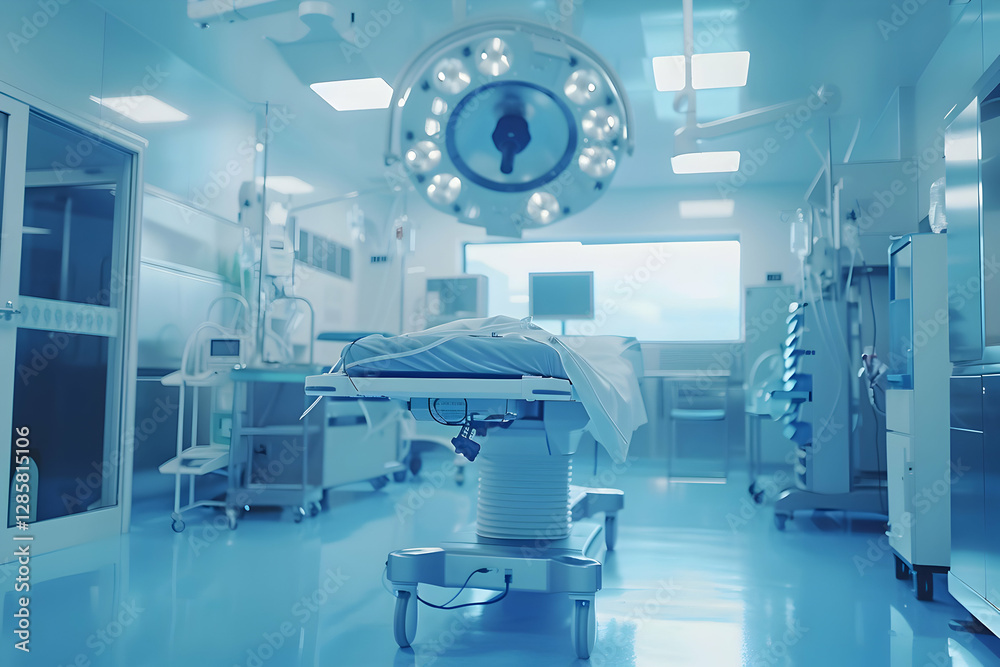 Modern operating room with surgical table, bright lighting, and advanced medical equipment Modern operating room with surgical table, bright lighting, and advanced medical equipment
