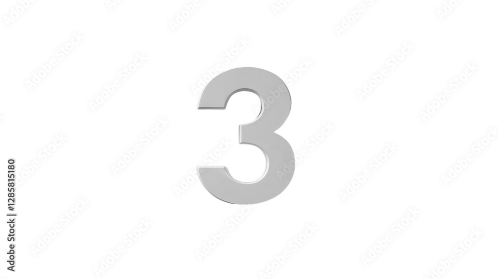 Large metallic number three displayed prominently on a plain white background inviting attention in a simple and modern design Large metallic number three displayed prominently on a plain white background inviting attention in a simple and modern design
