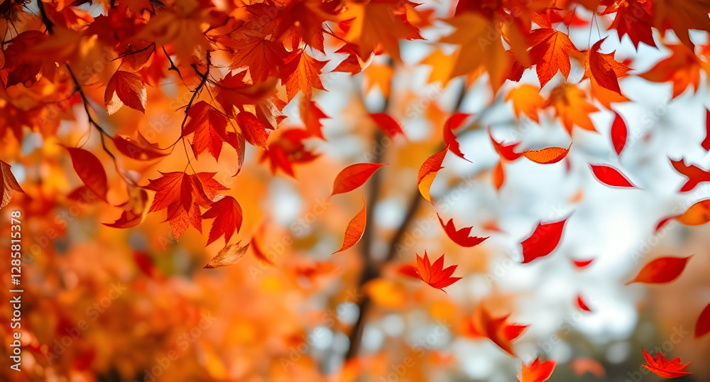Falling autumn leaves background. Rich reds, oranges, and yellows twirling in mid-air Falling autumn leaves background. Rich reds, oranges, and yellows twirling in mid-air