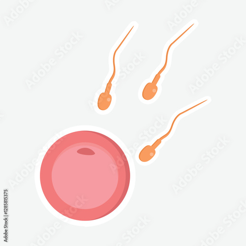 Sperm and Egg Cell Sticker. An educational and illustrative sticker depicting sperm cells approaching an egg cell, ideal for reproductive health, biology, and educational projects