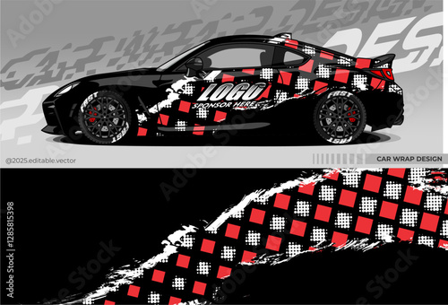 Vector graphic car wrap design with black colour. Dynamic pattern of red and white checks and dots, creating a striking and aggressive look. Suitable Racing, Rally and dialy use.