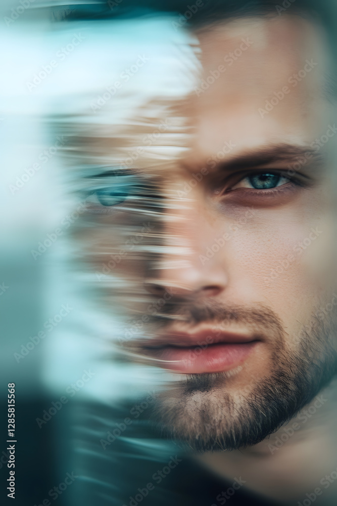 Captivating Closeup with an Artistic Motion Blur Over a Man's Face and Blue Eyes : Generative AI Captivating Closeup with an Artistic Motion Blur Over a Man's Face and Blue Eyes : Generative AI