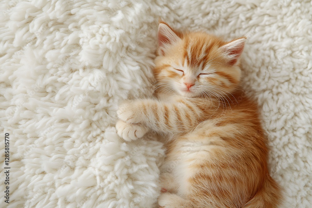 Fototapeta premium ginger kitten sleeping peacefully on a plush carpet, warm and cozy home atmosphere