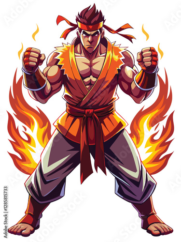 A fierce samurai MMA fighter, fists glowing with ethereal energy, prepares for battle; dramatic lighting, detailed armor.