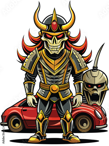 A fierce samurai skull, adorned with racing stripes, grips his helmet tightly, ready for a drag race.  Intense focus, skull's expression fierce and determined.