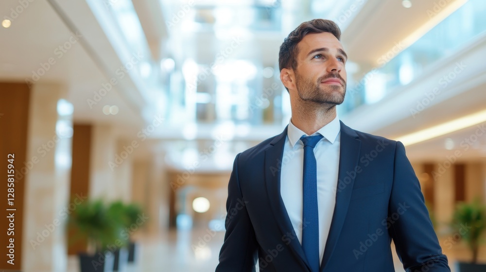 Executive Businessman Walking Through Modern Hotel Lobby with Confidence and Poise Executive Businessman Walking Through Modern Hotel Lobby with Confidence and Poise