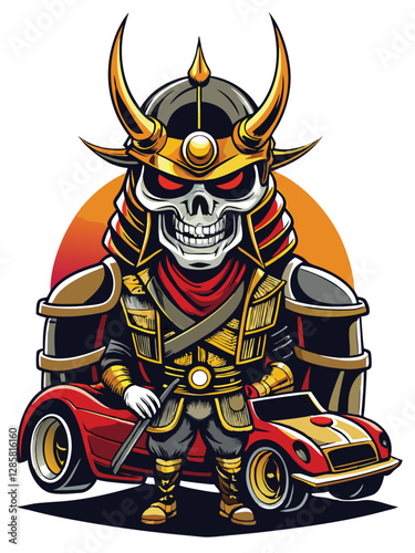 A fierce samurai skull, wearing a racing helmet, grips it tightly,  ready for a drag race.  Fierce expression, detailed skull, vibrant colors.