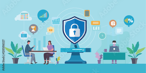 flat vector illustration design business data protection and internet cyber security concept . business people working concept