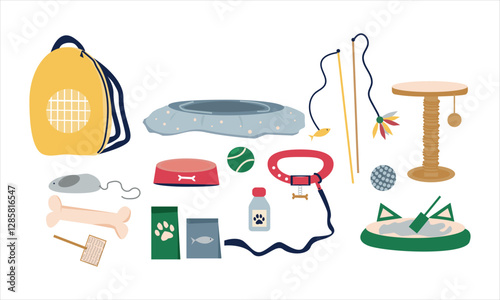 Pets goods, accessories set. Dogs, cats and birds toys, food, supplies. Canine and feline stuff, products, carriers, cage, feed, bowl, brush. Flat vector illustration isolated on white background