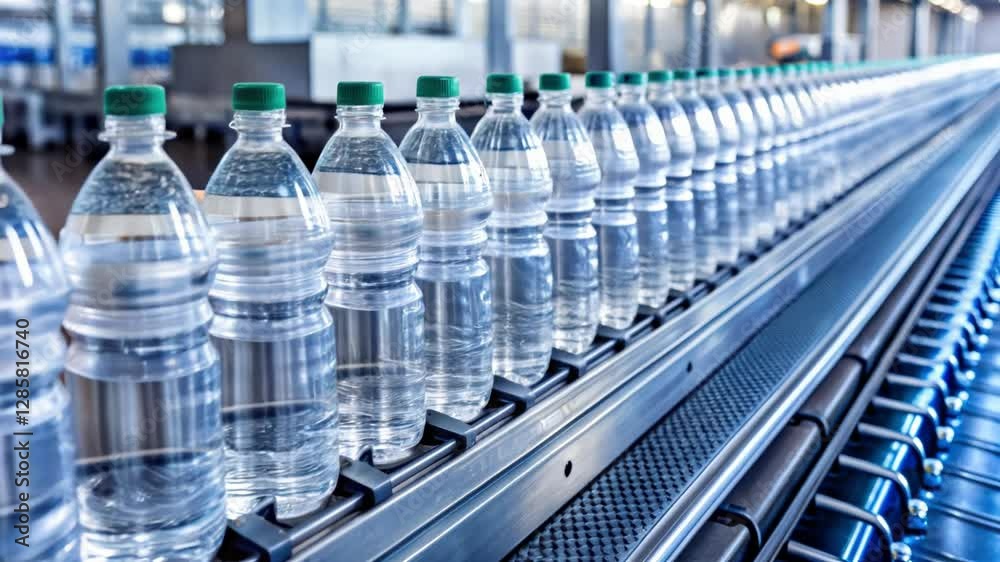 Assembly Line of Water Bottles Traveling on Conveyor Belt in Modern Beverage Factory - VDO

