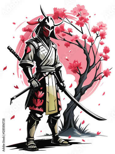 Create a dynamic ink brush painting of a samurai warrior, mid-action, standing amidst a stylized landscape.  Focus on dramatic brushstrokes and strong lines.