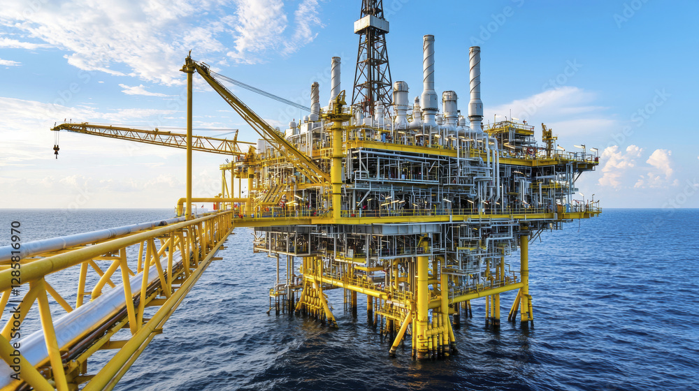 Offshore oil rig in ocean with blue sky and clouds, showcasing industrial structures and equipment Offshore oil rig in ocean with blue sky and clouds, showcasing industrial structures and equipment