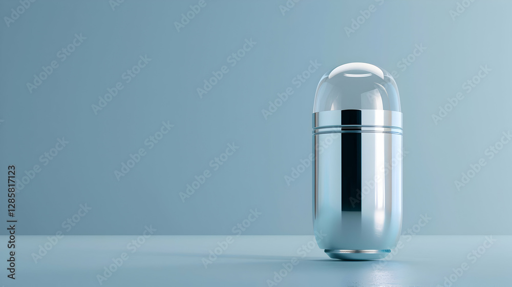 Sleek metallic capsule on a minimalist surface with soft blue background, ideal for product design Sleek metallic capsule on a minimalist surface with soft blue background, ideal for product design