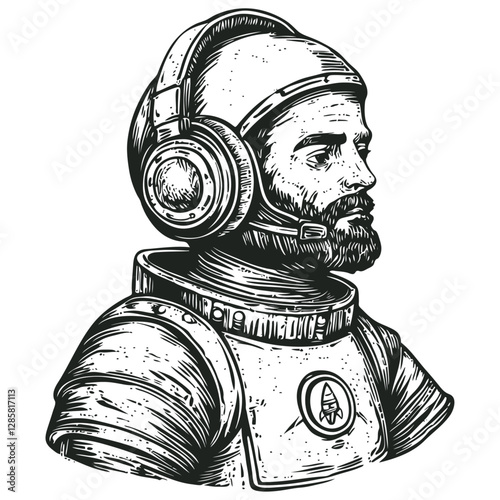 Vector illustration of a bearded astronaut wearing a headset. Vintage engraving style. Great for space, technology, or sci-fi themed designs. Black and white.