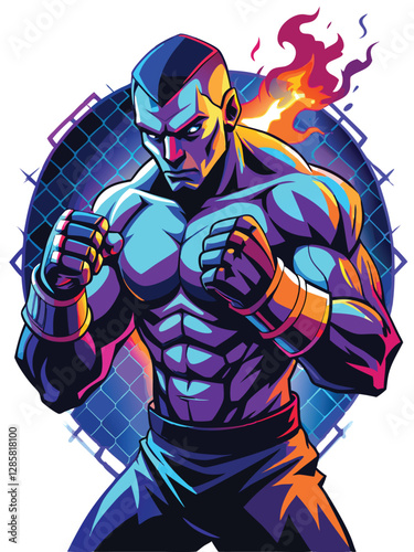 A shadowy MMA fighter, illuminated only by glowing gloves, stands menacingly in a dark cage.  Intense shadows and dramatic lighting.