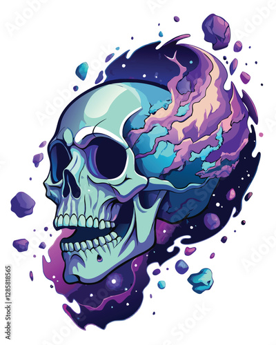 A fractured human skull, adrift in the vastness of space, surrounded by a swirling, vibrant nebula galaxy.  The skull is realistically detailed, showing bone fragments.