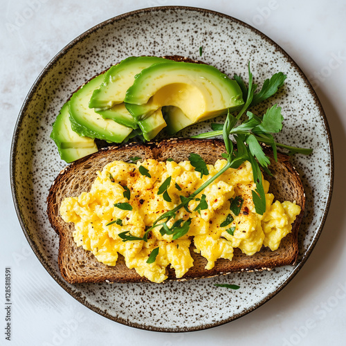 The image shows a plate with a slice of whole grain toast topped with scrambled eggs, garnished with chopped herbs and a sprinkle of pepper. Next to the toast, there are slices of avocado and a sprig 