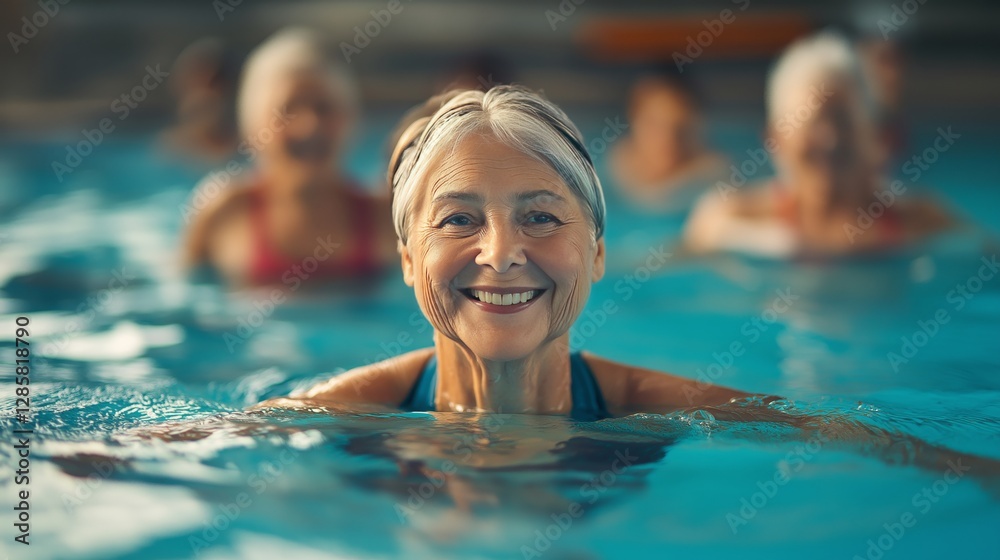 Obraz premium Seniors enjoying water aerobics class in community pool during afternoon