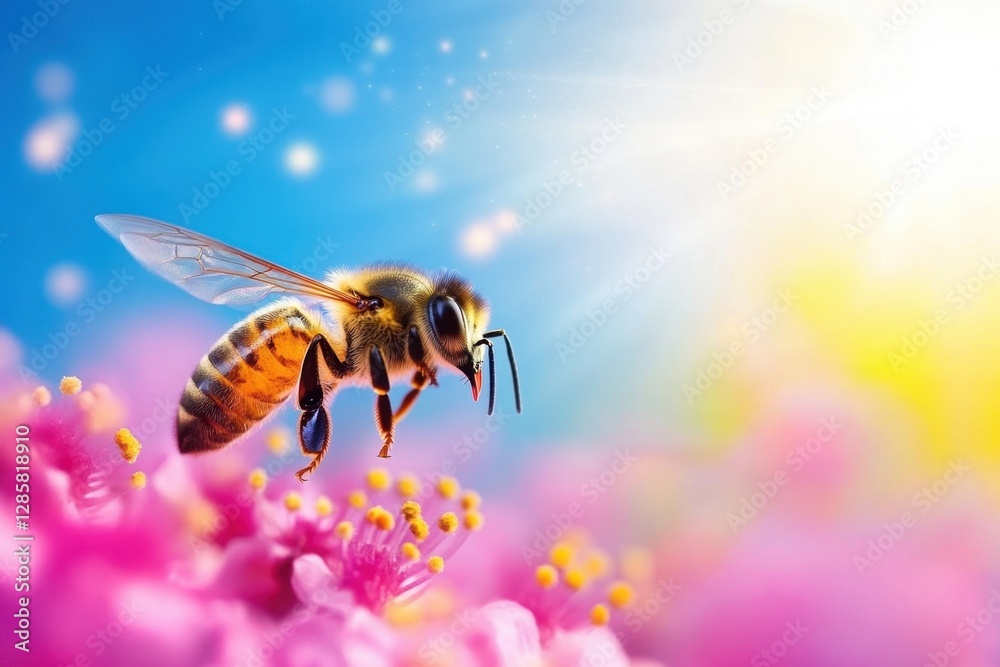 Fototapeta premium Bee pollinating flowers sunny sky