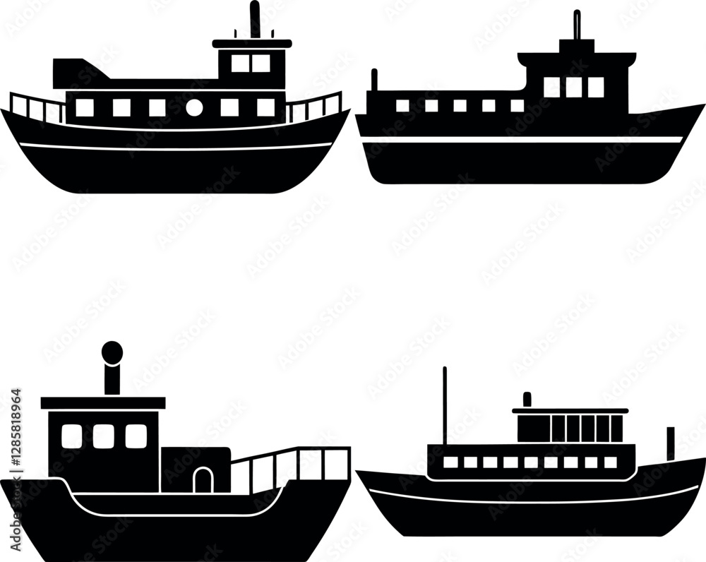 Obraz premium Creative Barge Silhouette Vector Icon Set Simple & Nautical Design.