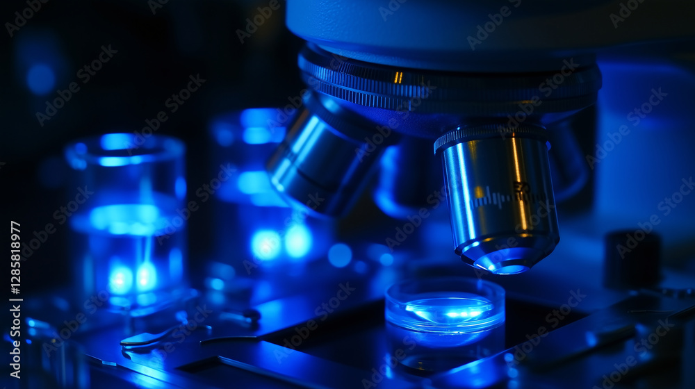 A clean and modern laboratory setting showcases a microscope with vibrant blue illumination A clean and modern laboratory setting showcases a microscope with vibrant blue illumination