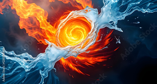 Vortex of swirling fire and ice background. Opposing elements locked in dynamic motion