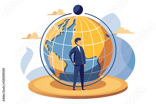 A minimalist illustration of a single person standing atop a simple, unadorned globe, symbolizing global perspective or achievement.