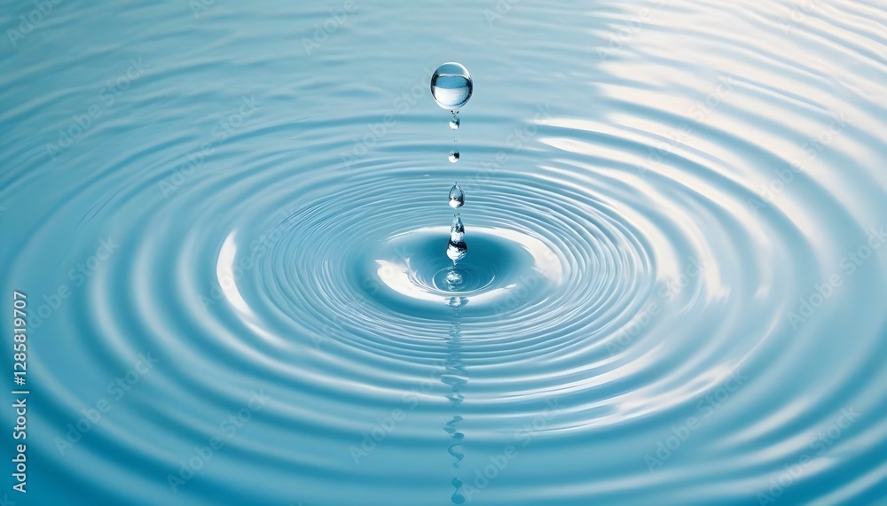 Una gota de agua que cae en un charco de agua, creando ondas, con un fondo degradado de blanco a azul Una gota de agua que cae en un charco de agua, creando ondas, con un fondo degradado de blanco a azul
