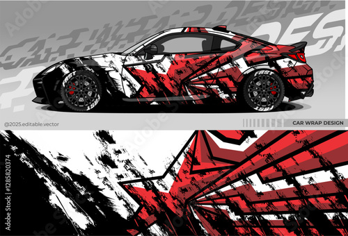 Sports car wrap design. Dominated by black, red, white. There are sharp star and line shapes depicting speed and courage. Suitable for racing, drift or exhibition