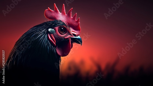 Close up of a chicken's head with a red beak. The image has a moody, dramatic feel to it, with the red beak and the dark color of the chicken's head creating a sense of intensity and focus