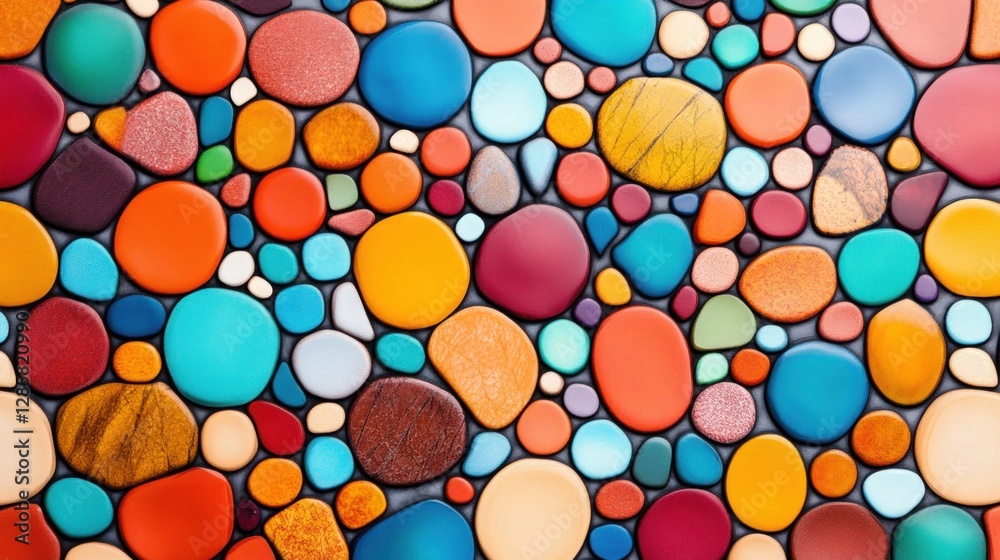 Vibrant Colorful Pebbles and Stones Arranged in Artistic Background Vibrant Colorful Pebbles and Stones Arranged in Artistic Background