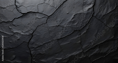 Volumetric rock texture with cracks. Black stone background with copy space for design. Wide banner
