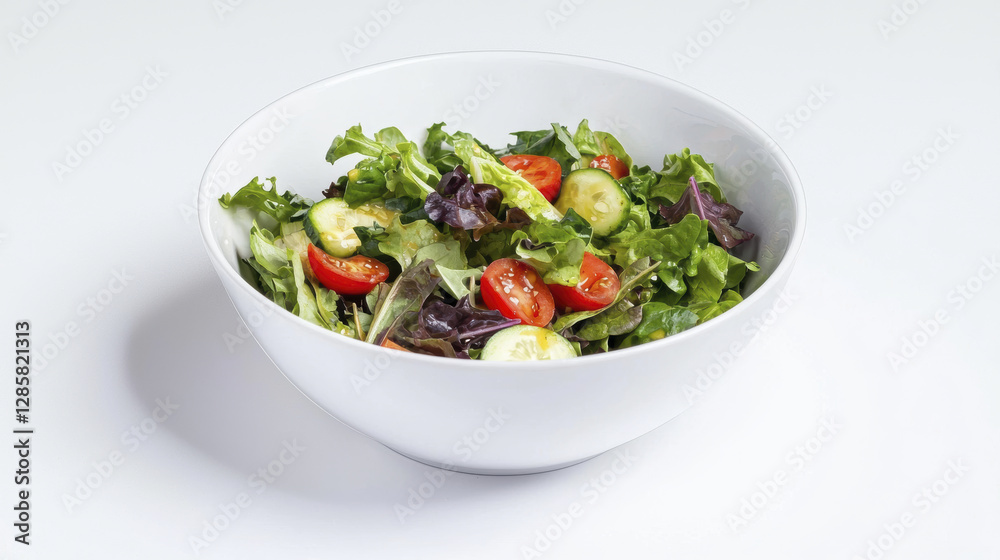 Fresh green salad with cherry tomatoes in white bowl, vibrant and healthy Fresh green salad with cherry tomatoes in white bowl, vibrant and healthy