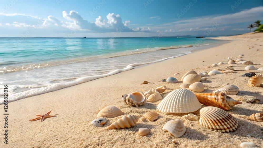 Serene Beach Scene with Seashells and Starfish on Sandy Shoreline Serene Beach Scene with Seashells and Starfish on Sandy Shoreline