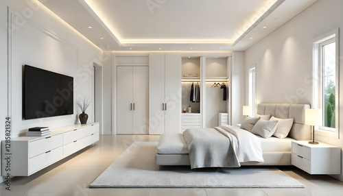 A modern bedroom with white color built-in Wall Paneling and tv cabinet.