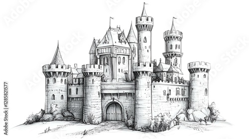 Medieval castle sketch with stone walls, tall towers, and fortified gates illustrated in black and white