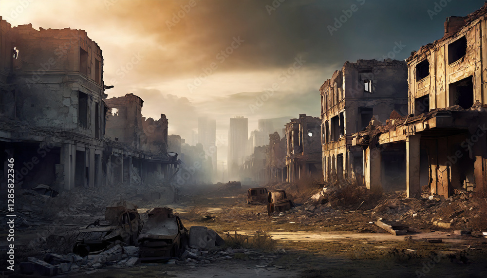 Post-apocalyptic landscape featuring ruined buildings and remnants of a once-thriving city.