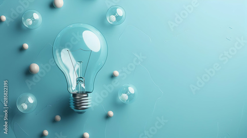 Clear light bulb surrounded by transparent bubbles on a soft blue background, symbolizing creativity