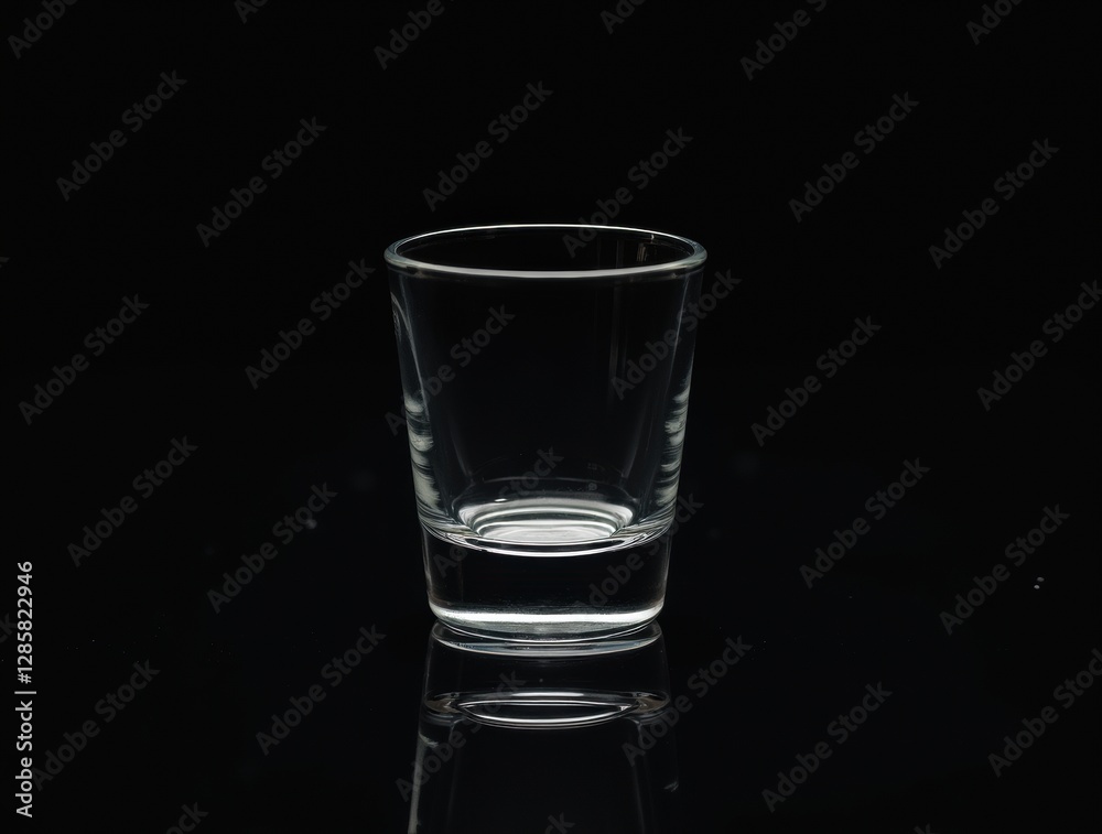 An empty shot glass on a black reflective surface with dramatic, moody lighting, creating a high contrast, elegant scene. An empty shot glass on a black reflective surface with dramatic, moody lighting, creating a high contrast, elegant scene.