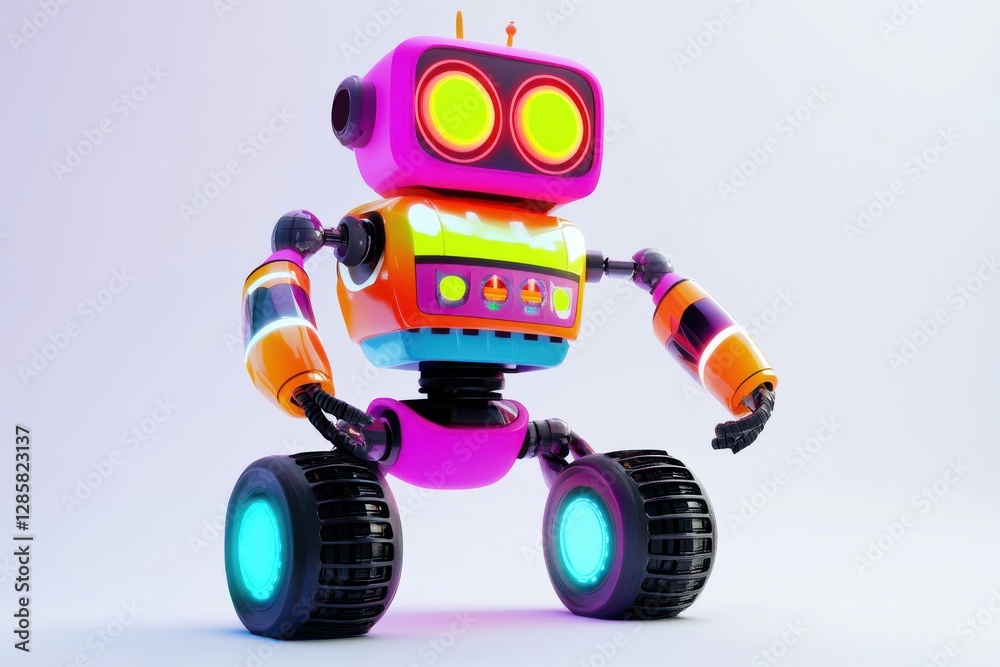 A vibrant and quirky robot with neon accents, representing futuristic technology, artificial intelligence, and playful automation in a whimsical design on a white background. A vibrant and quirky robot with neon accents, representing futuristic technology, artificial intelligence, and playful automation in a whimsical design on a white background.