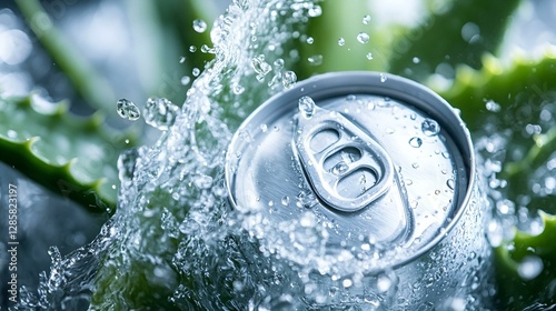 Aluminum soda can splashing in water with fresh aloe vera leaves in the background