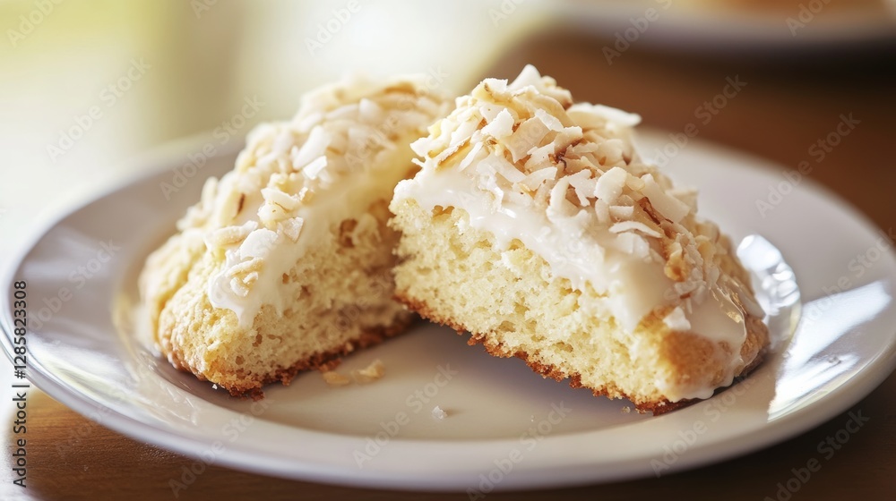 Creamy Coconut Scone with Shredded Coconut Topping on a Plate Creamy Coconut Scone with Shredded Coconut Topping on a Plate