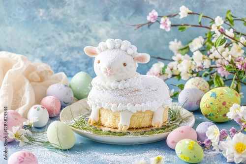 Delightful Easter lamb cake with powdered sugar and buttercream, decorated with pastel eggs and delicate white flowers against a soft, textured blue backdrop, capturing the essence of spring. photo