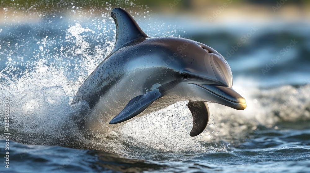 Fototapeta premium Ocean Dolphin Leaping, Water Splash, Sunrise Background