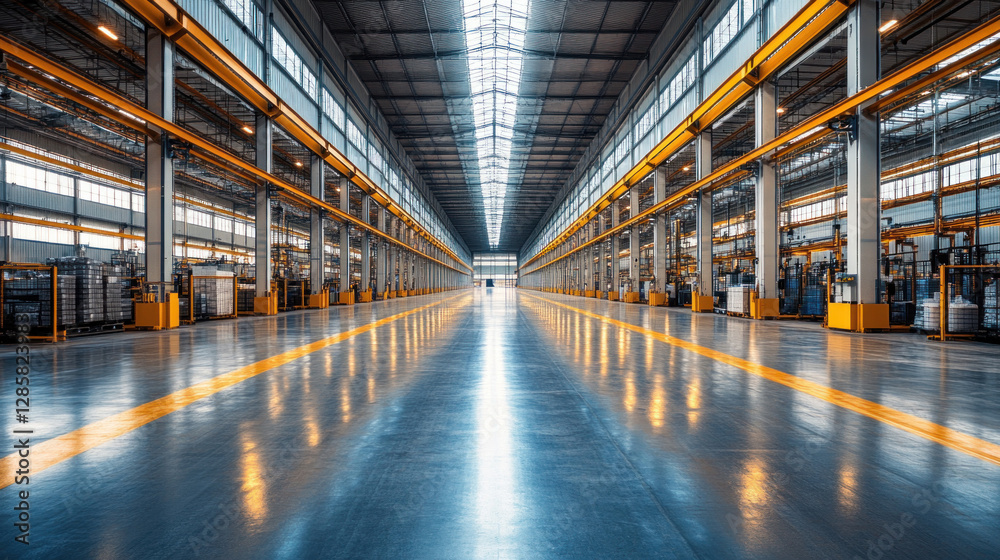 A minimalist-style manufacturing plant with sleek lines, neutral colors, and an open floor plan A minimalist-style manufacturing plant with sleek lines, neutral colors, and an open floor plan