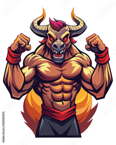 A menacing bull-headed wrestler, muscular and sinister, flexing his powerful biceps and forearms; dark, gritty aesthetic.