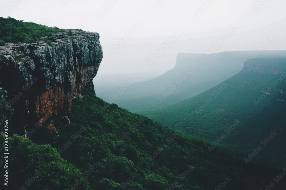 Fototapeta premium Misty morning view of lush canyon landscape with steep cliffs dense greenery