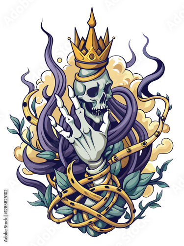 A skeletal hand, decaying yet powerful, fiercely grips a crown intricately crafted from twisting, thorny vines.  Dark, dramatic lighting.