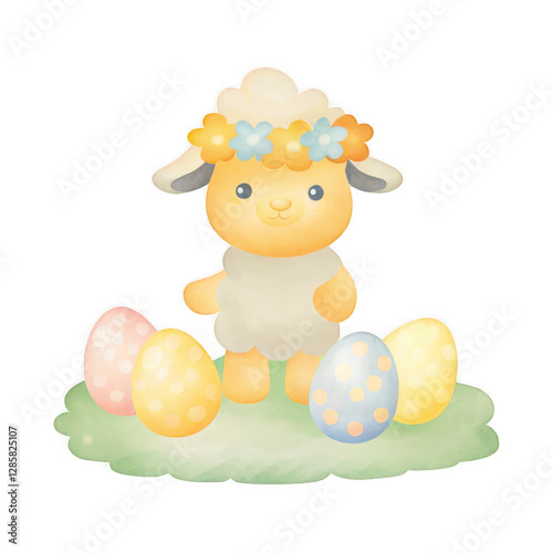 Easter Boho, watercolor illustraded Cute lamb with a flower crown surrounded by colorful Easter eggs on green grass.