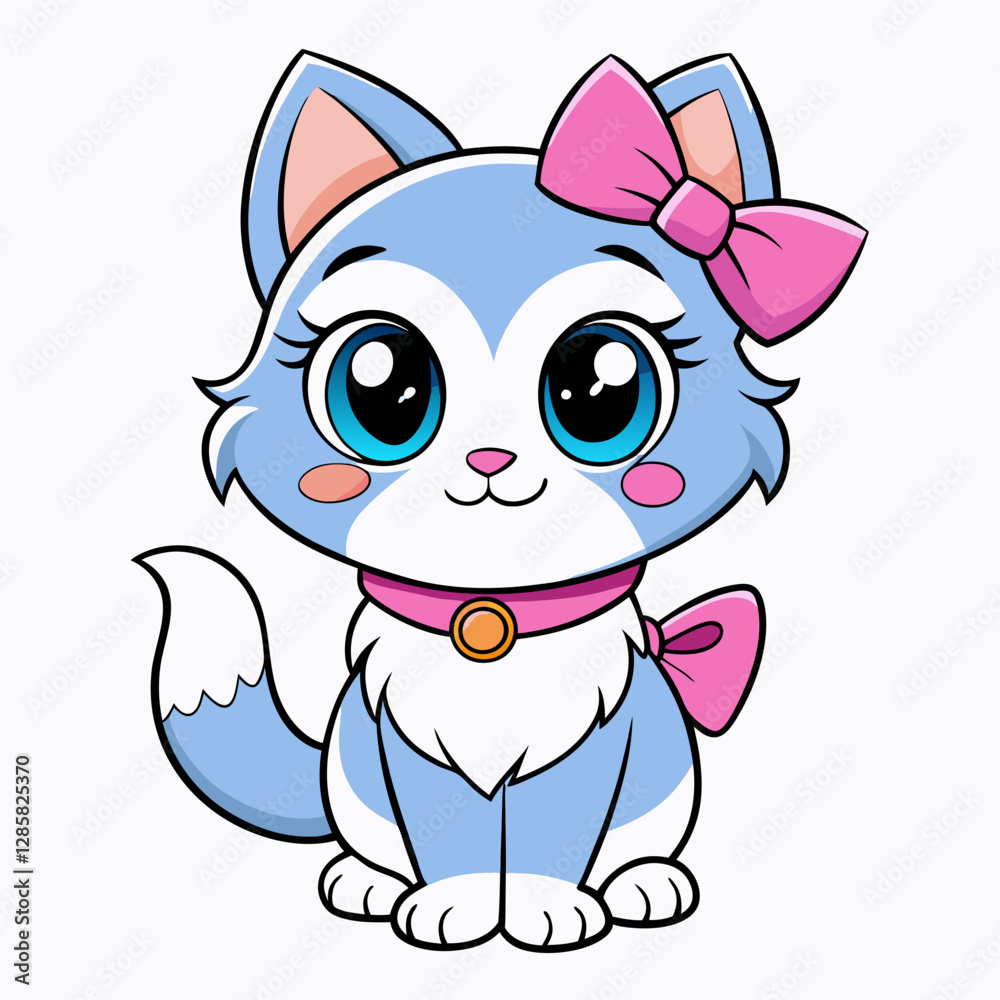 Kawaii Blue Kitten with Pink Bow – Cute Cartoon Vector Illustration Kawaii Blue Kitten with Pink Bow – Cute Cartoon Vector Illustration